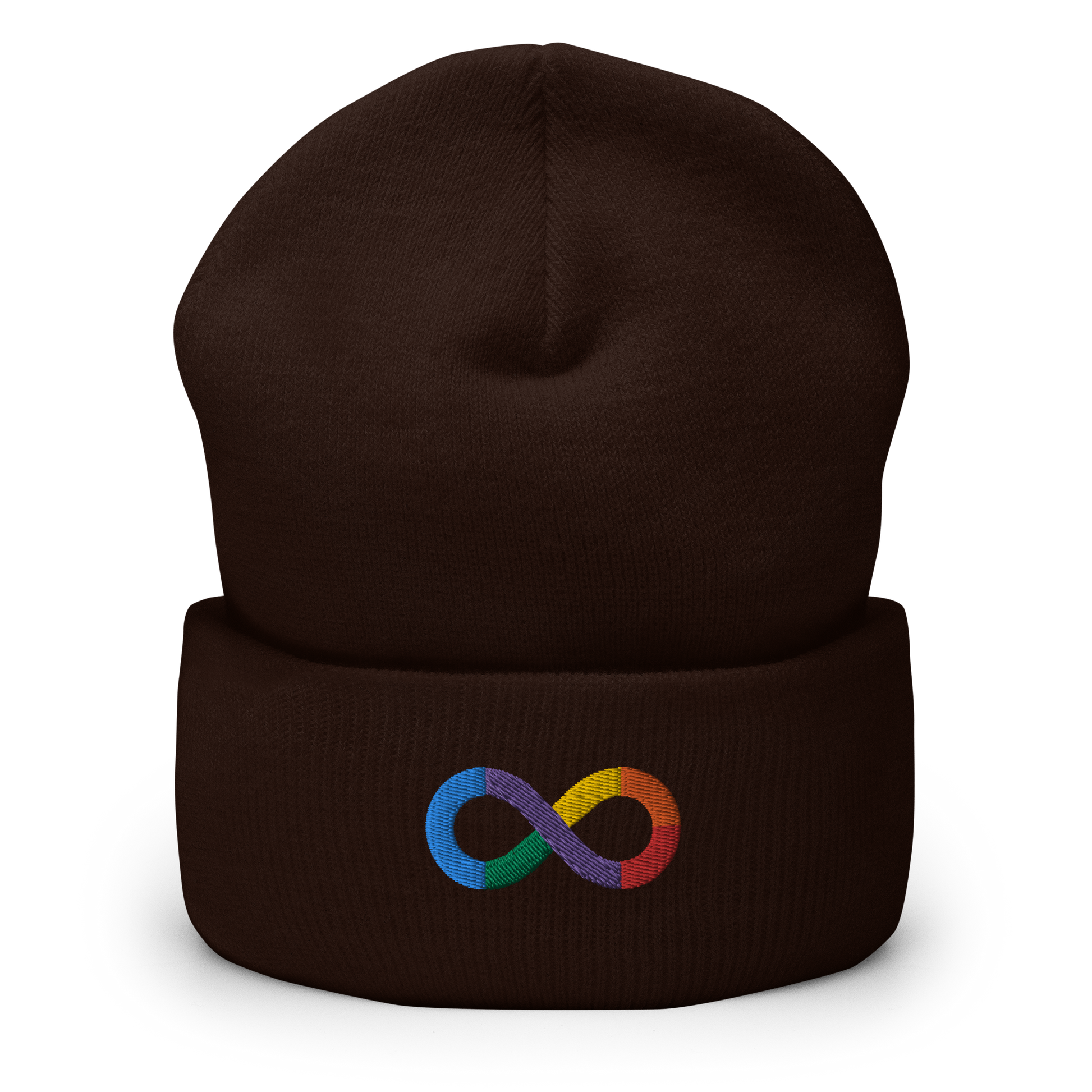 Neurodiversity Rainbow Infinity Embroidered Cuffed Beanie in Brown