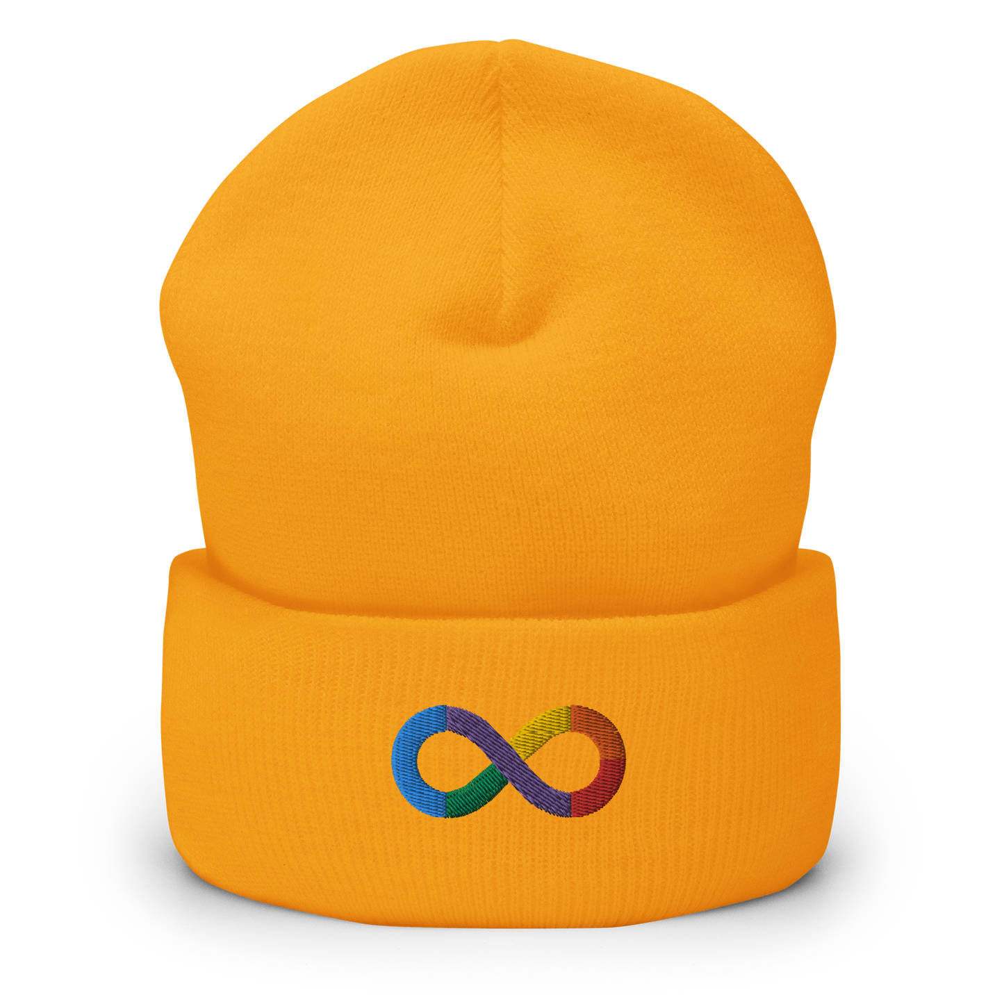 Neurodiversity Rainbow Infinity Embroidered Cuffed Beanie in Gold
