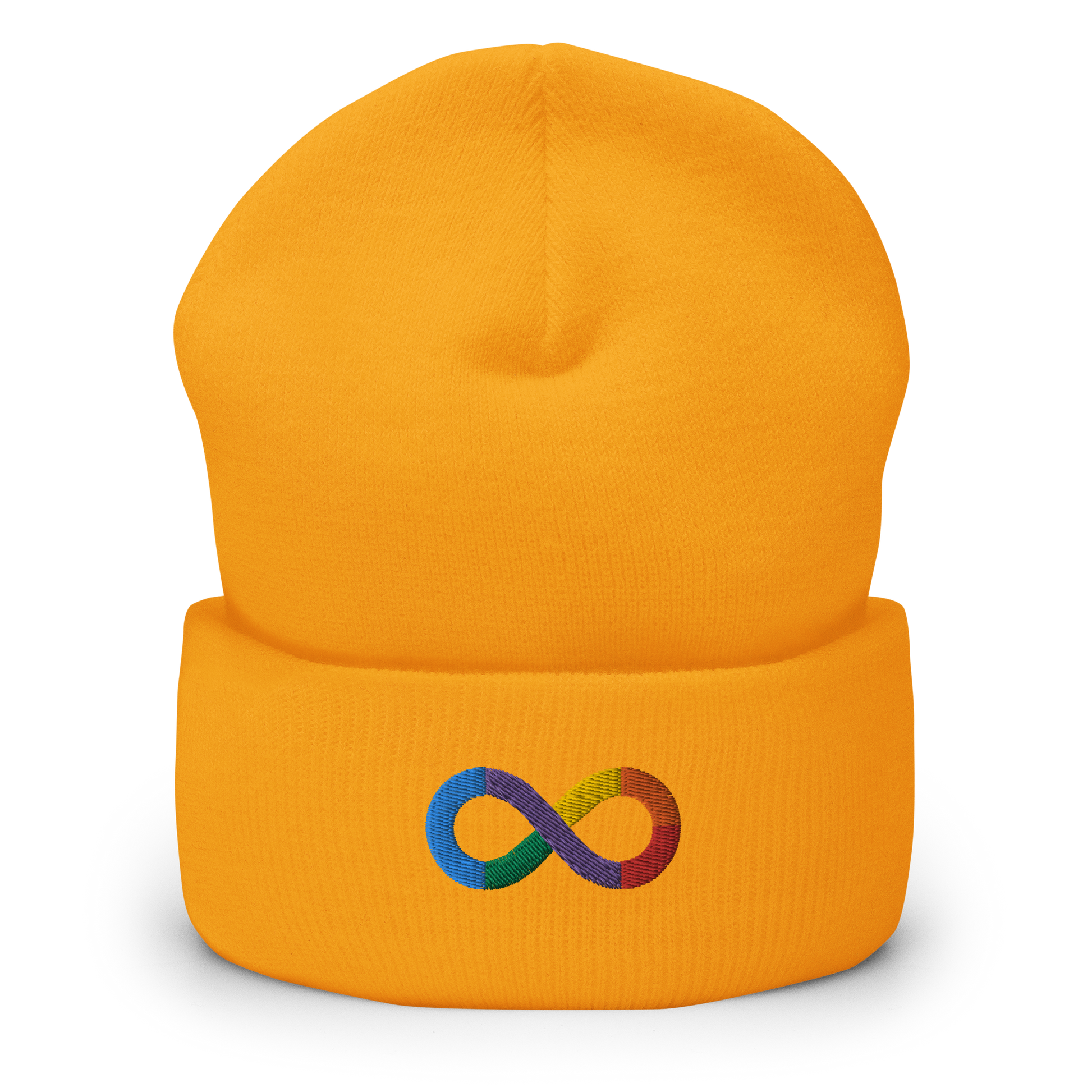Neurodiversity Rainbow Infinity Embroidered Cuffed Beanie in Gold