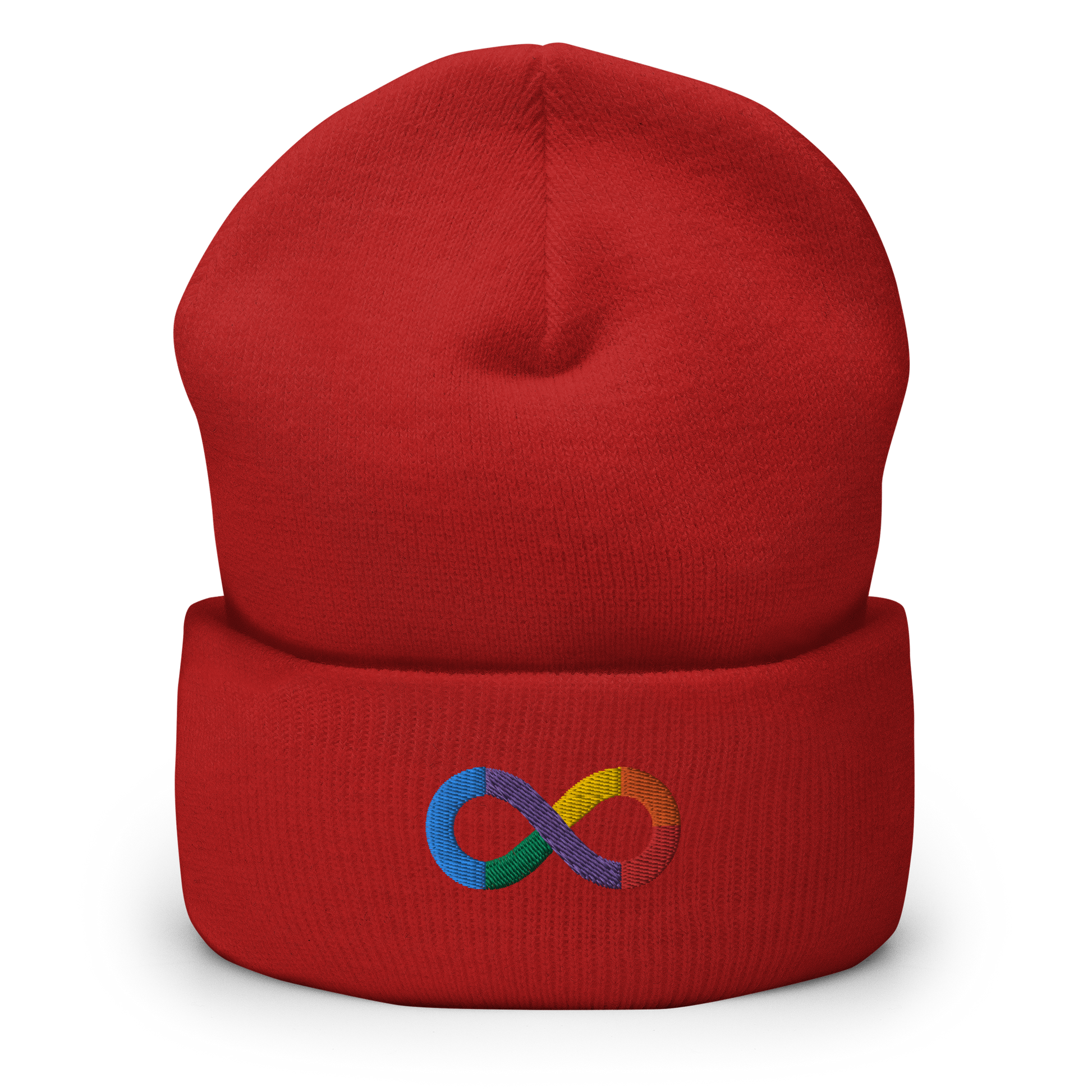 Neurodiversity Rainbow Infinity Embroidered Cuffed Beanie in Red