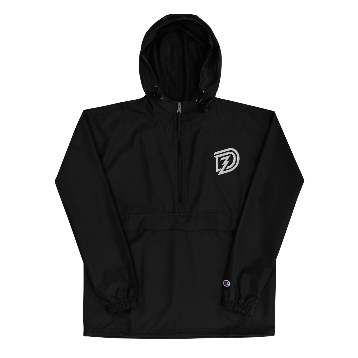 Embroidered Champion Packable Jacket in Black with hood up