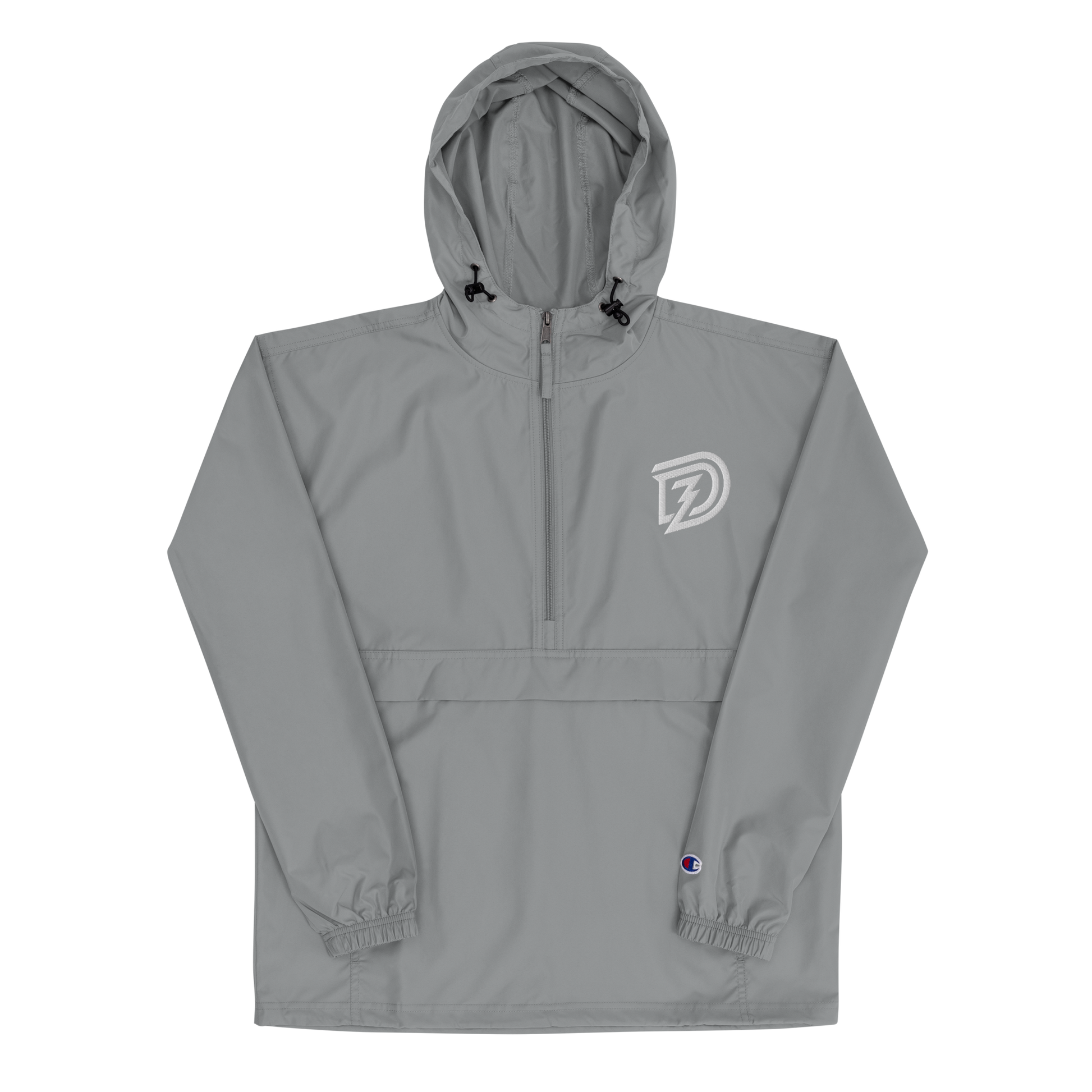 Embroidered Champion Packable Jacket in Graphite with hood up