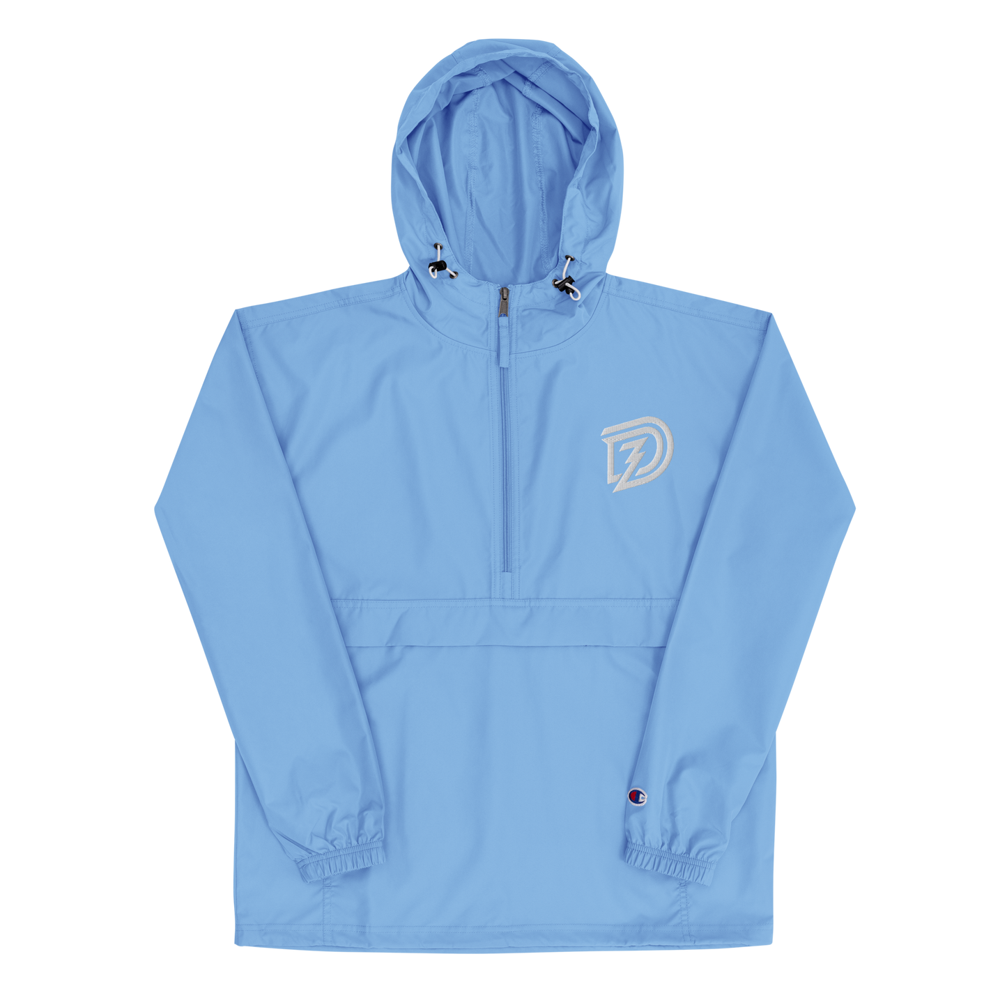 Embroidered Champion Packable Jacket in Light Blue with hood up