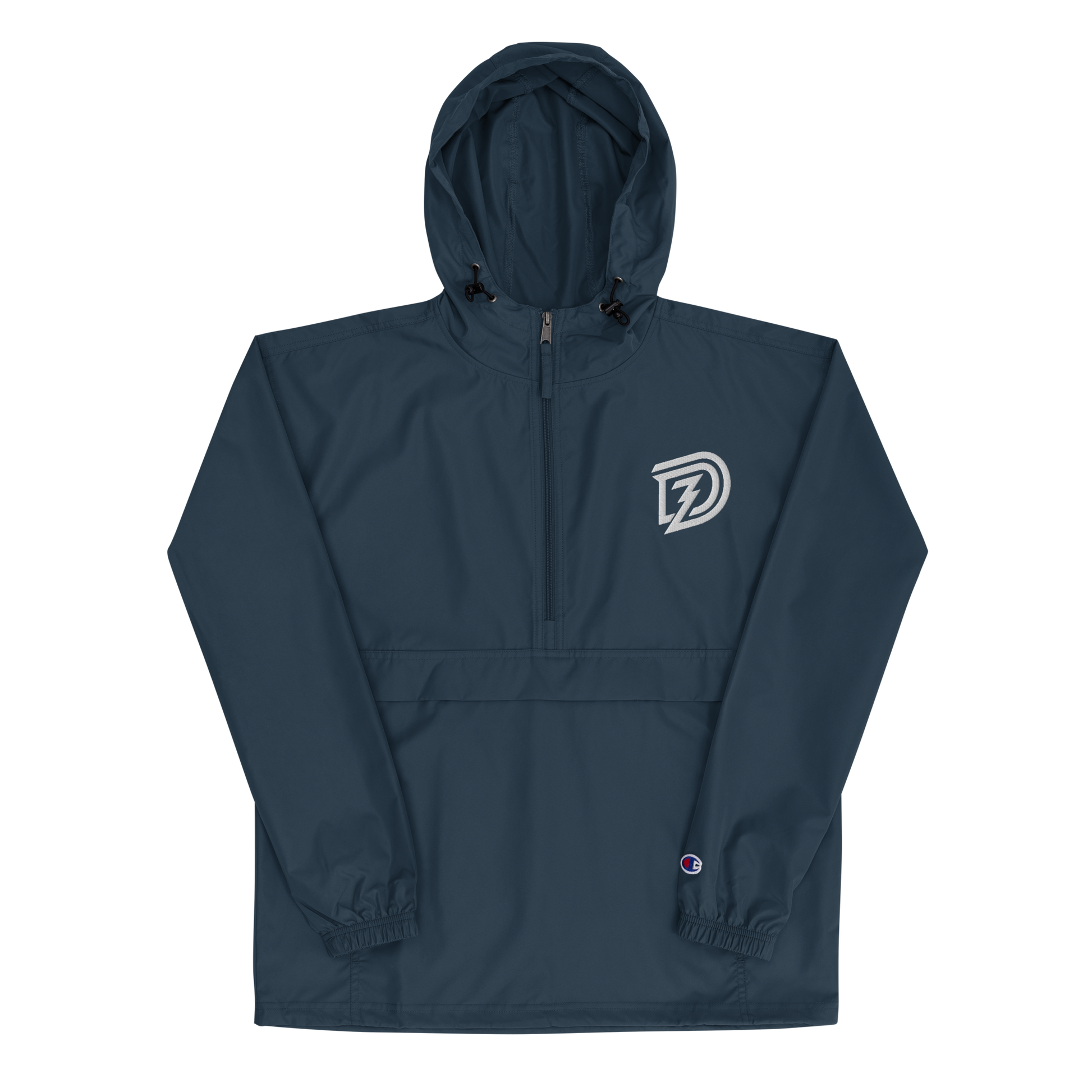 Embroidered Champion Packable Jacket in Navy with hood up