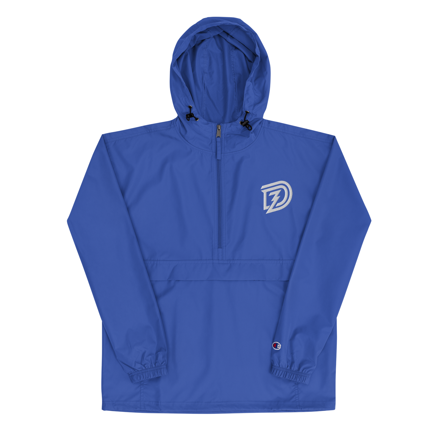 Embroidered Champion Packable Jacket in Royal Blue with hood up