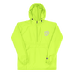 Embroidered Champion Packable Jacket in Safety Green with hood up