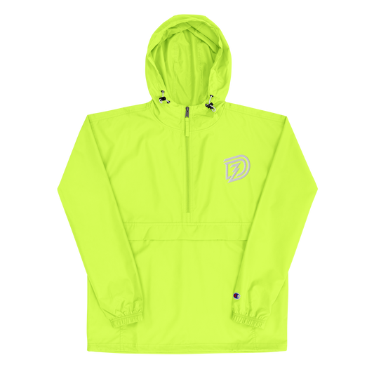 Embroidered Champion Packable Jacket in Safety Green with hood up