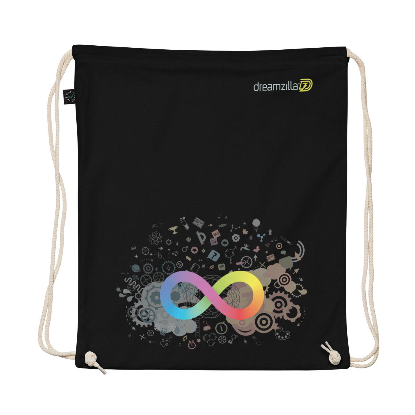 Flat view of Neurodiversity Rainbow Infinity EarthPositive Cotton Drawstring Bag in Black