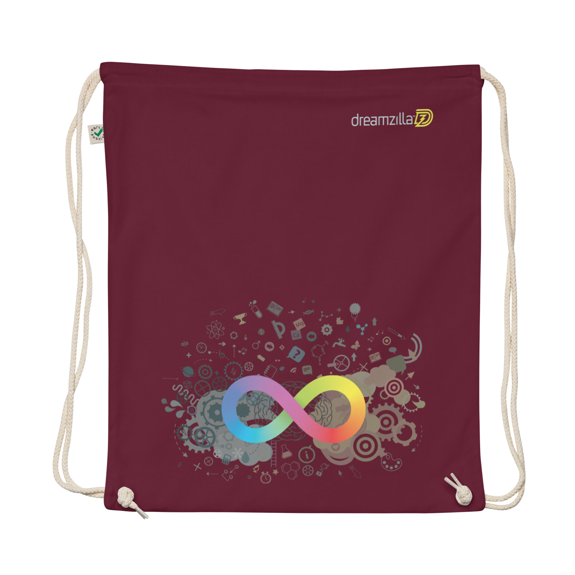 Flat view of Neurodiversity Rainbow Infinity EarthPositive Cotton Drawstring Bag in Burgundy