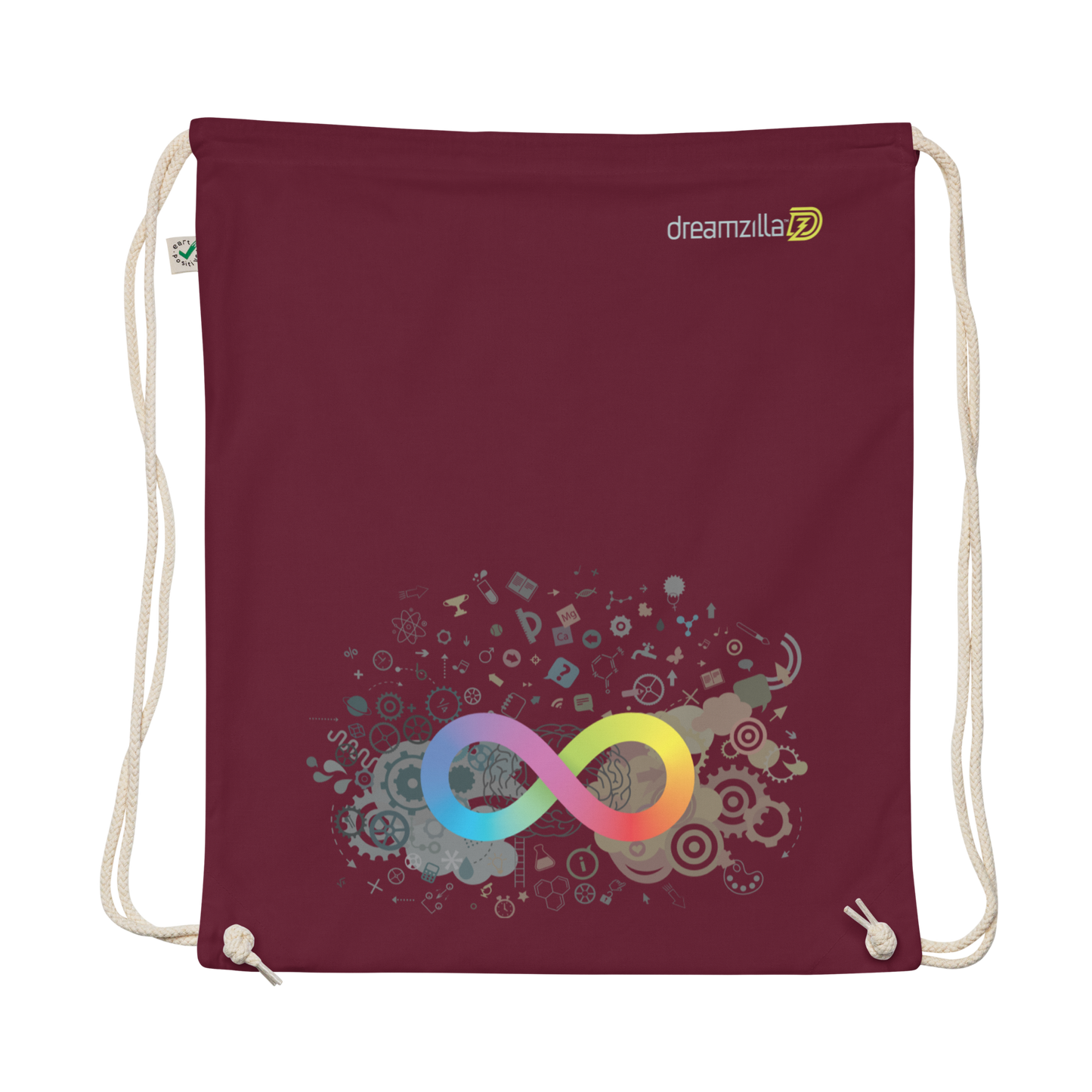 Flat view of Neurodiversity Rainbow Infinity EarthPositive Cotton Drawstring Bag in Burgundy