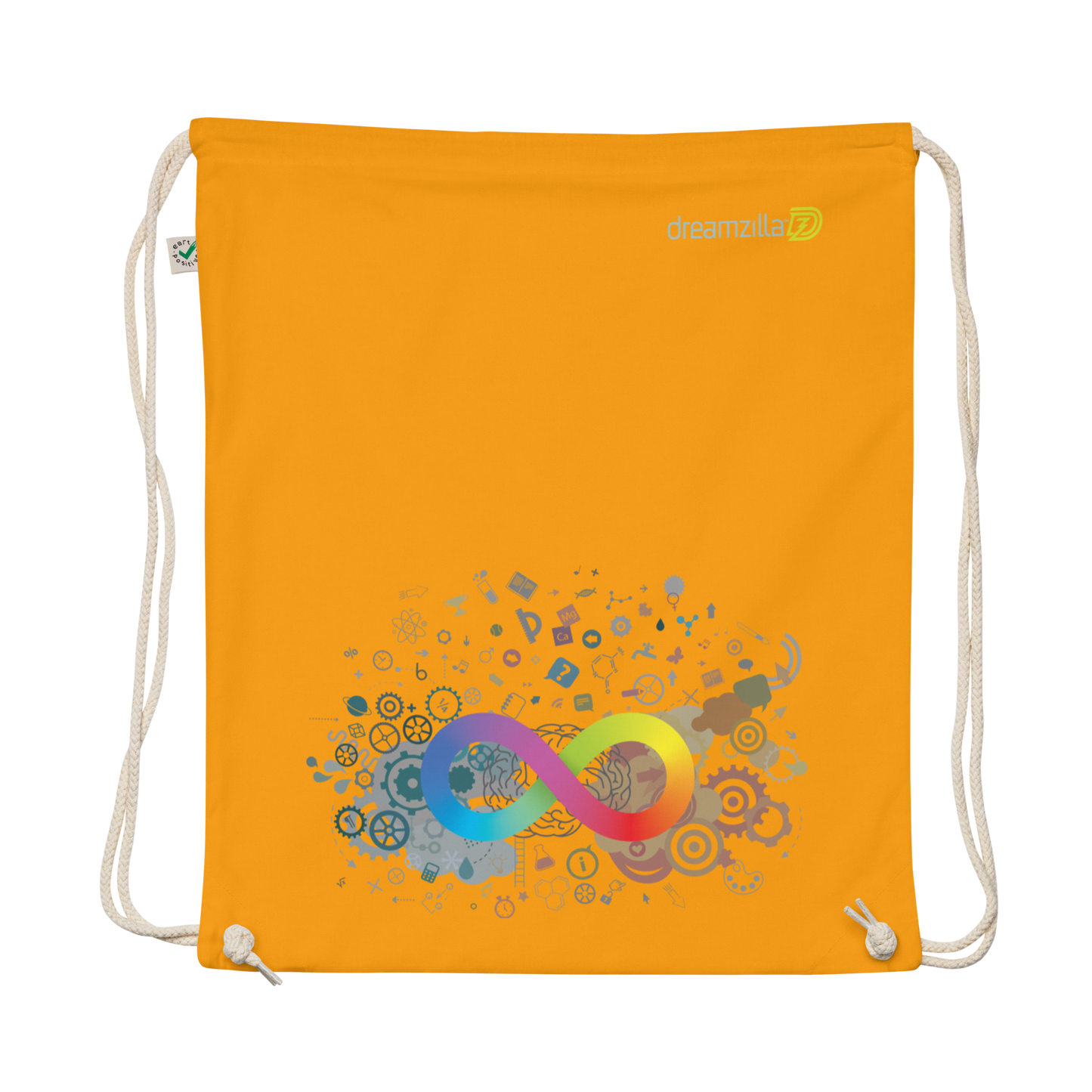 Flat view of Neurodiversity Rainbow Infinity EarthPositive Cotton Drawstring Bag in Gold