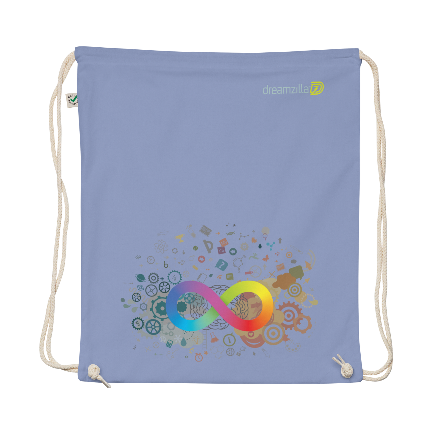 Flat view of Neurodiversity Rainbow Infinity EarthPositive Cotton Drawstring Bag in Light Denim