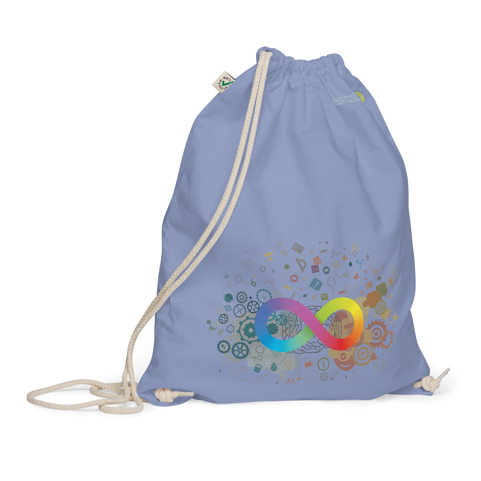 Neurodiversity Rainbow Infinity EarthPositive Cotton Drawstring Bag in Light Denim