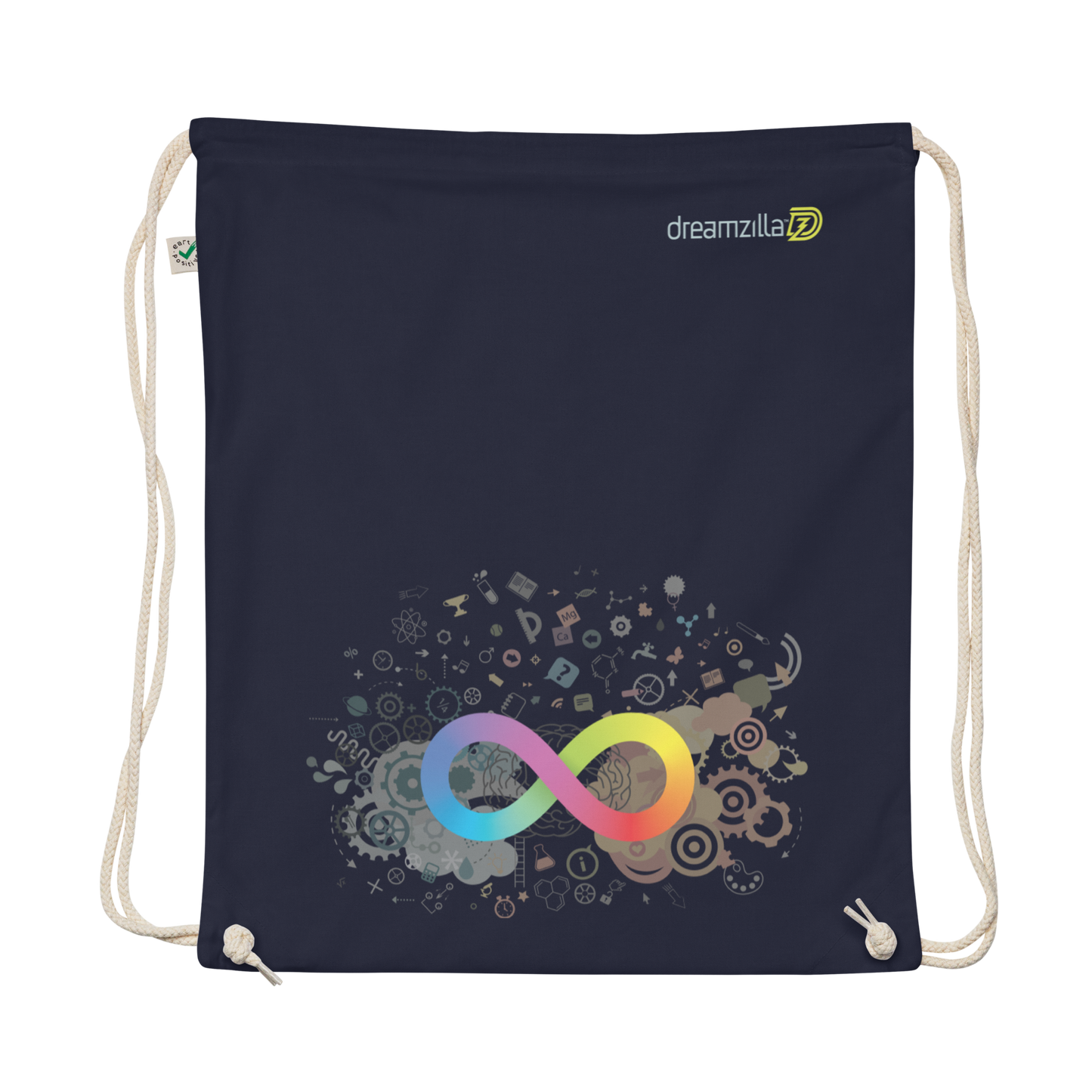 Flat view of Neurodiversity Rainbow Infinity EarthPositive Cotton Drawstring Bag in Navy