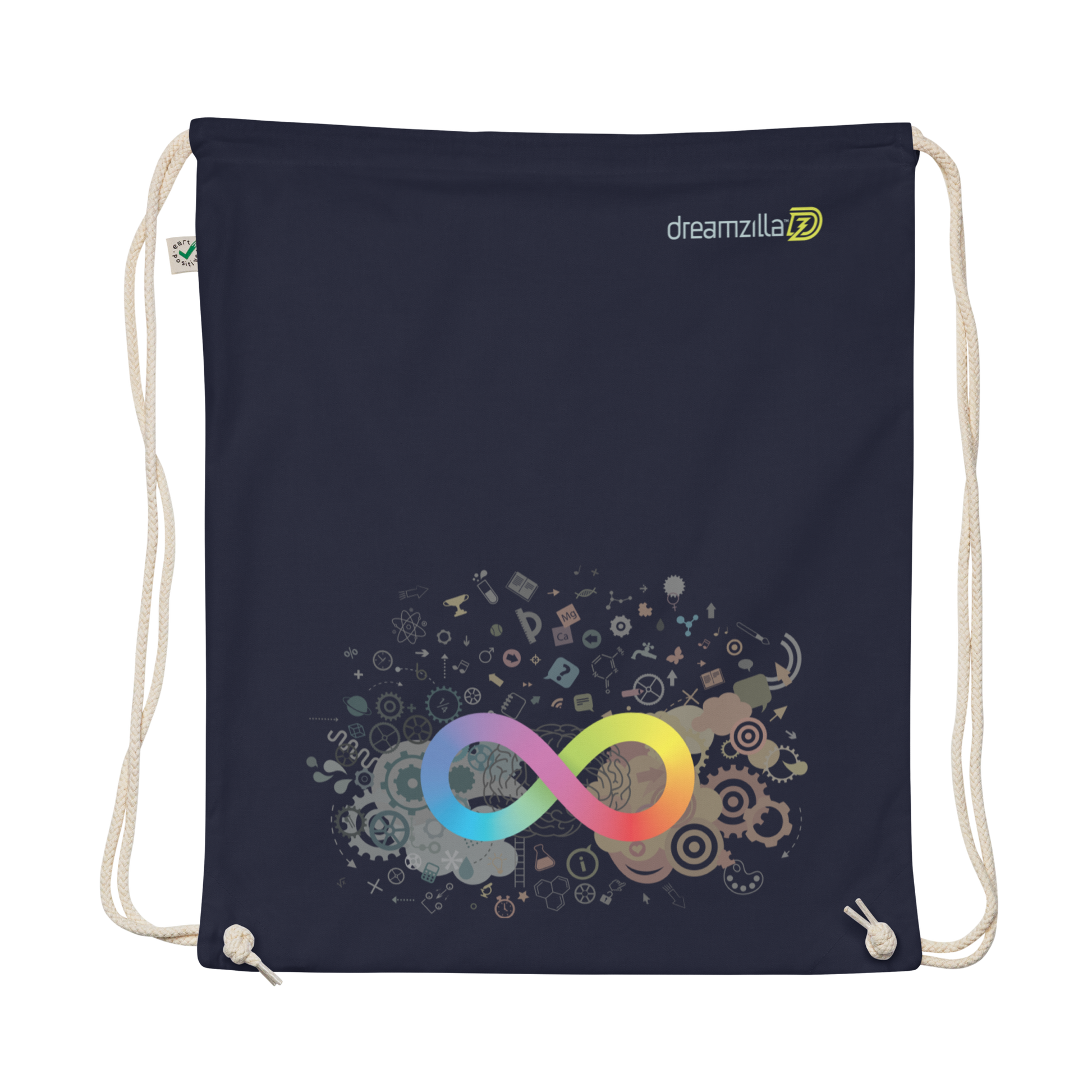 Flat view of Neurodiversity Rainbow Infinity EarthPositive Cotton Drawstring Bag in Navy