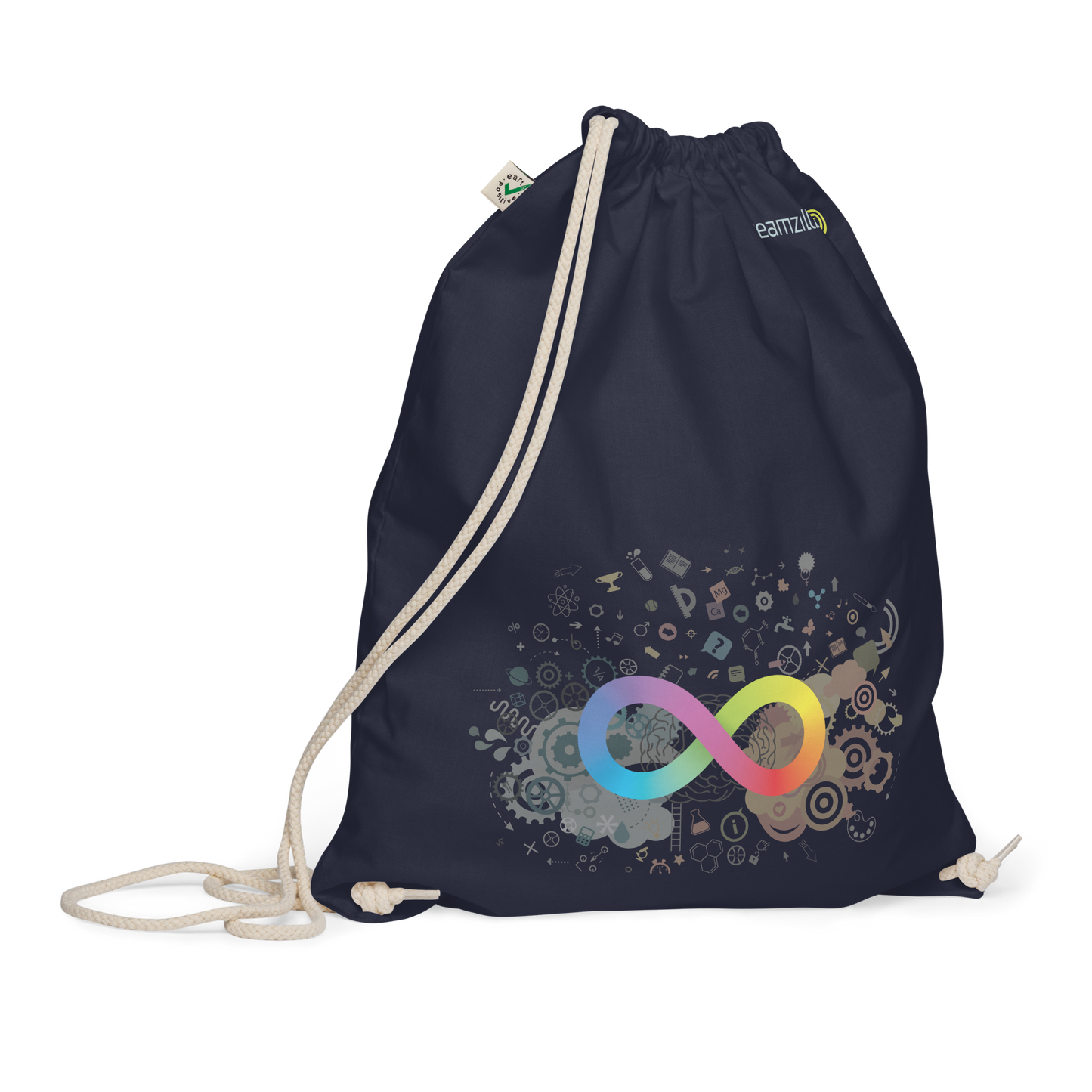 Neurodiversity Rainbow Infinity EarthPositive Cotton Drawstring Bag in Navy