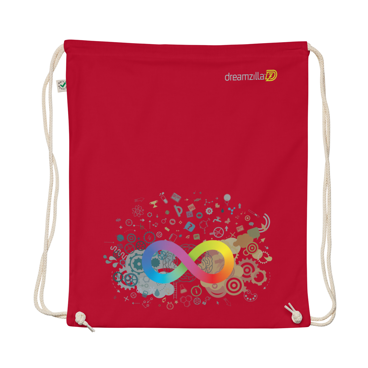 Flat view of Neurodiversity Rainbow Infinity EarthPositive Cotton Drawstring Bag in Red