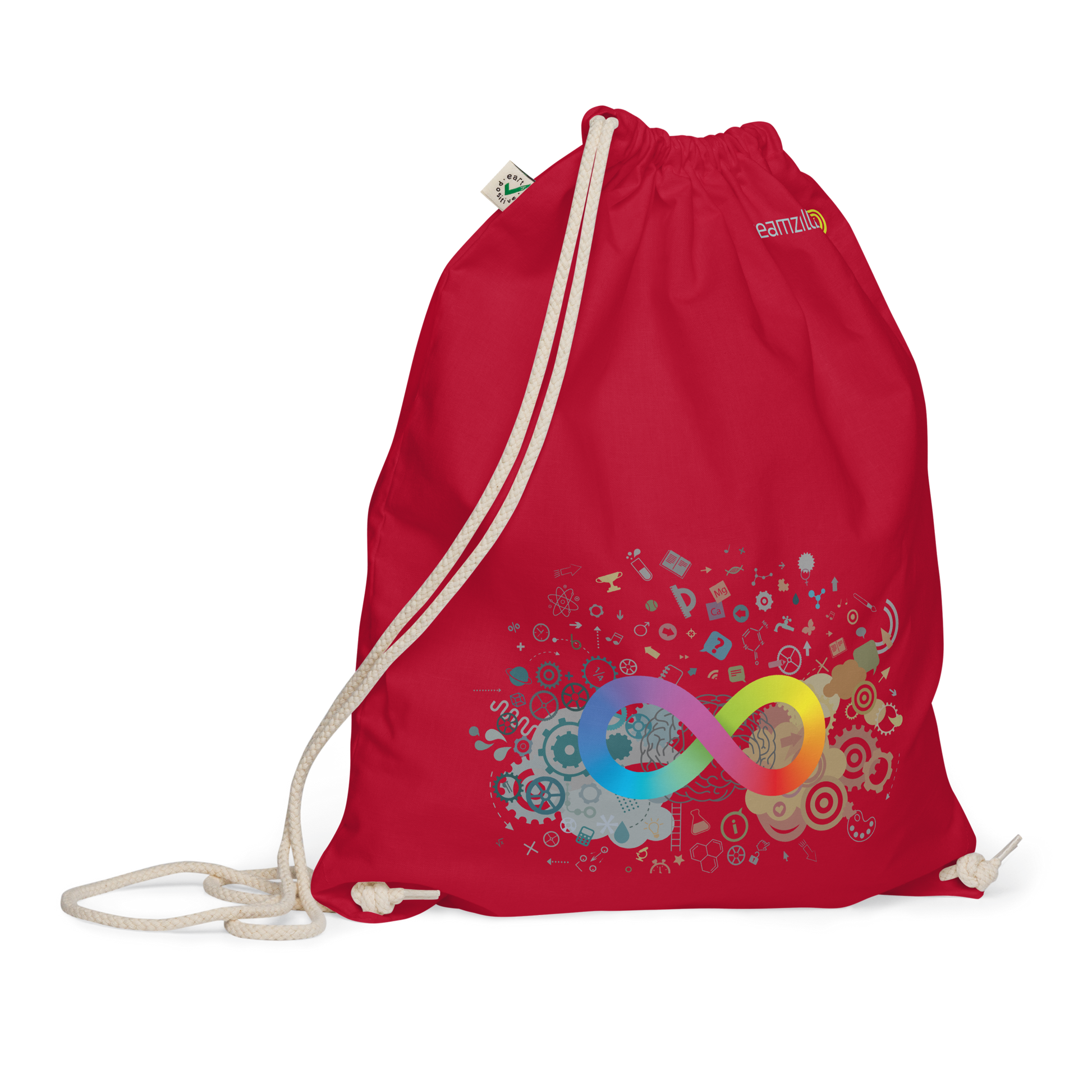 Neurodiversity Rainbow Infinity EarthPositive Cotton Drawstring Bag in Red