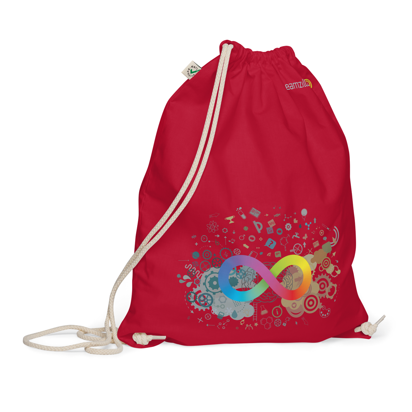 Neurodiversity Rainbow Infinity EarthPositive Cotton Drawstring Bag in Red