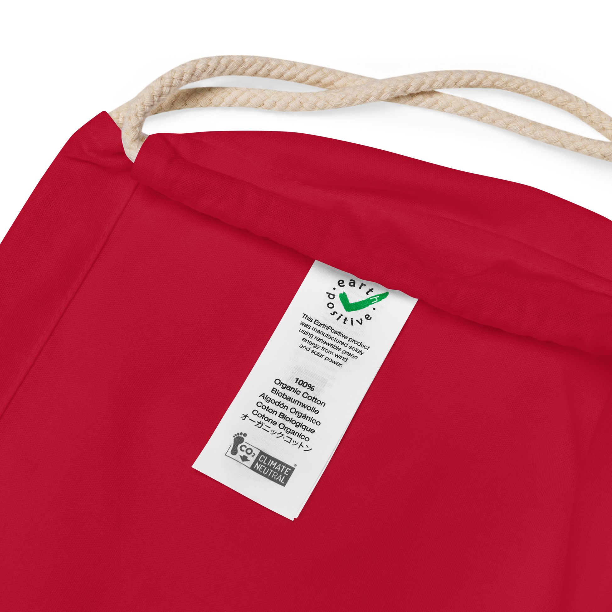 Inside label of Neurodiversity Rainbow Infinity EarthPositive Cotton Drawstring Bag in Red
