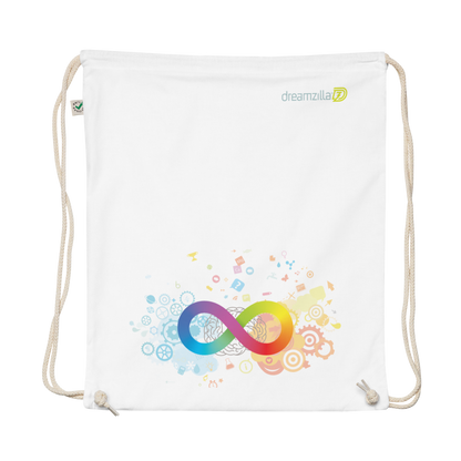 Flat view of Neurodiversity Rainbow Infinity EarthPositive Cotton Drawstring Bag in White