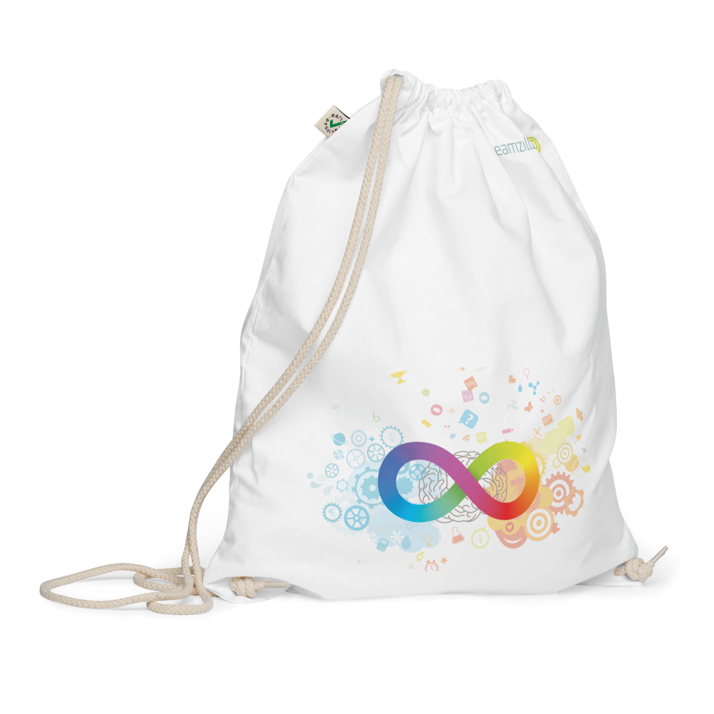 Neurodiversity Rainbow Infinity EarthPositive Cotton Drawstring Bag in White