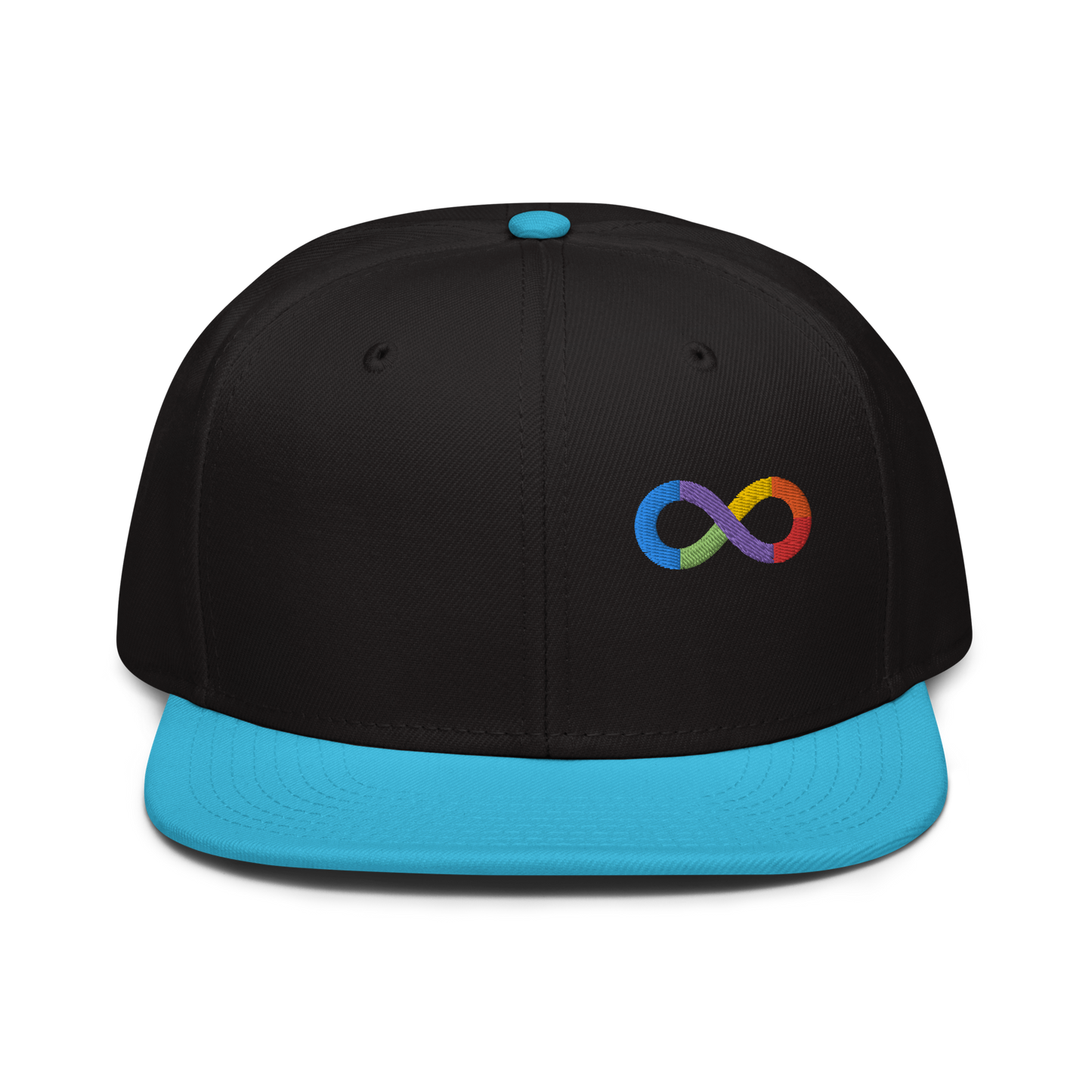 Neurodiversity Rainbow Infinity Snapback in Black with Aqua Blue Brim