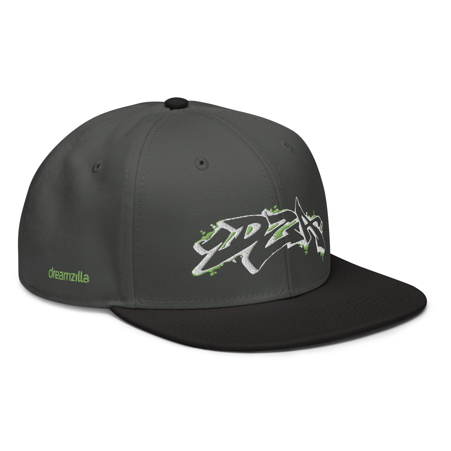 Angled view of Graffiti DZA Snapback by Sanitor in Charcoal Gray with Black Brim