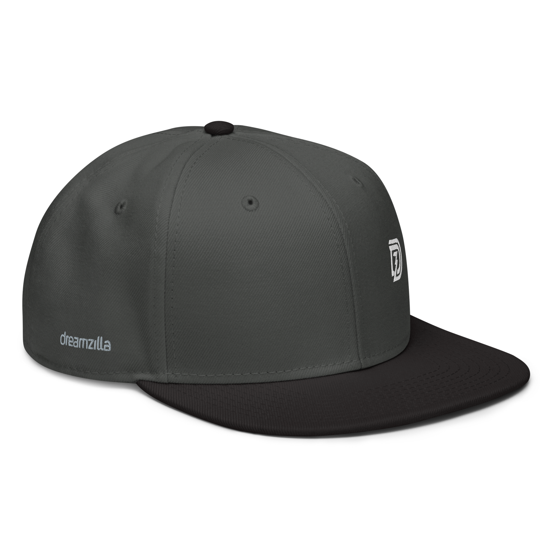 Angled View of DZ Monochrome Snapback in Charcoal Gray with Black Brim