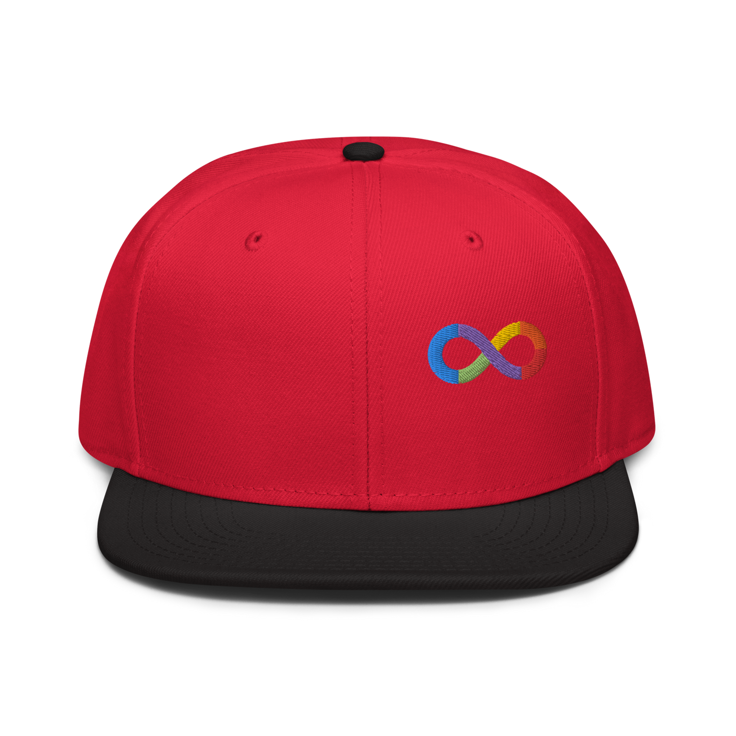 Neurodiversity Rainbow Infinity Snapback in Red with Black Brim