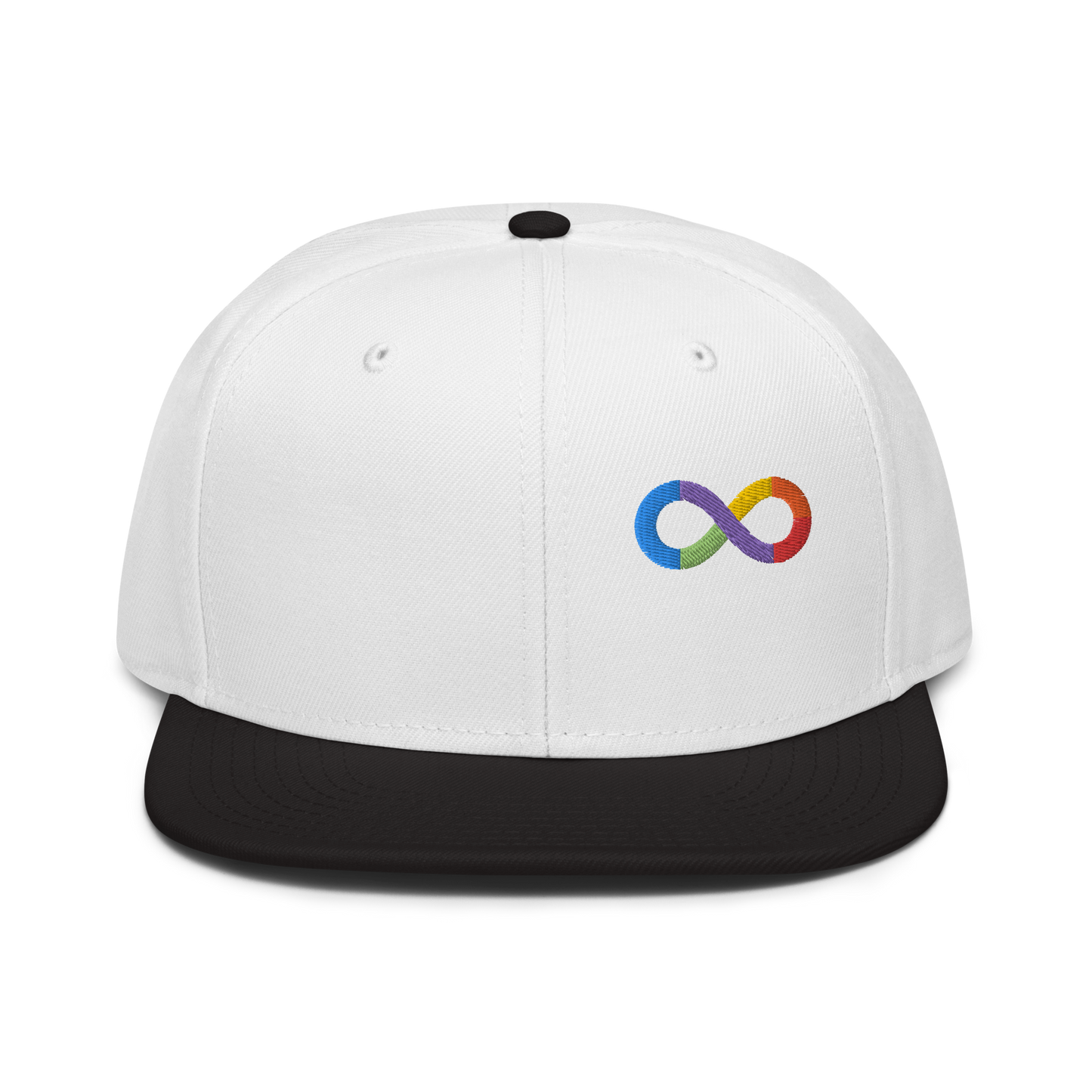 Neurodiversity Rainbow Infinity Snapback in White with Black Brim