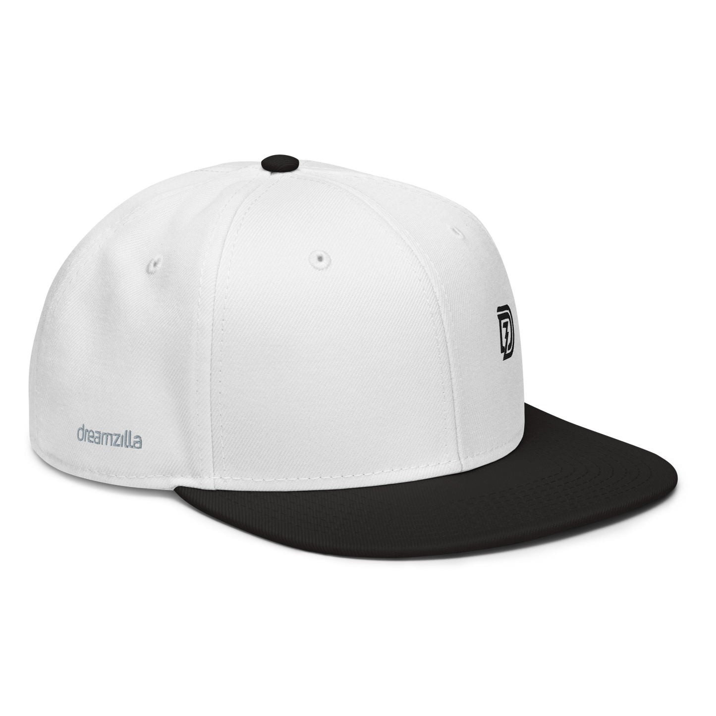 Angled View of DZ Monochrome Snapback in White with Black Brim