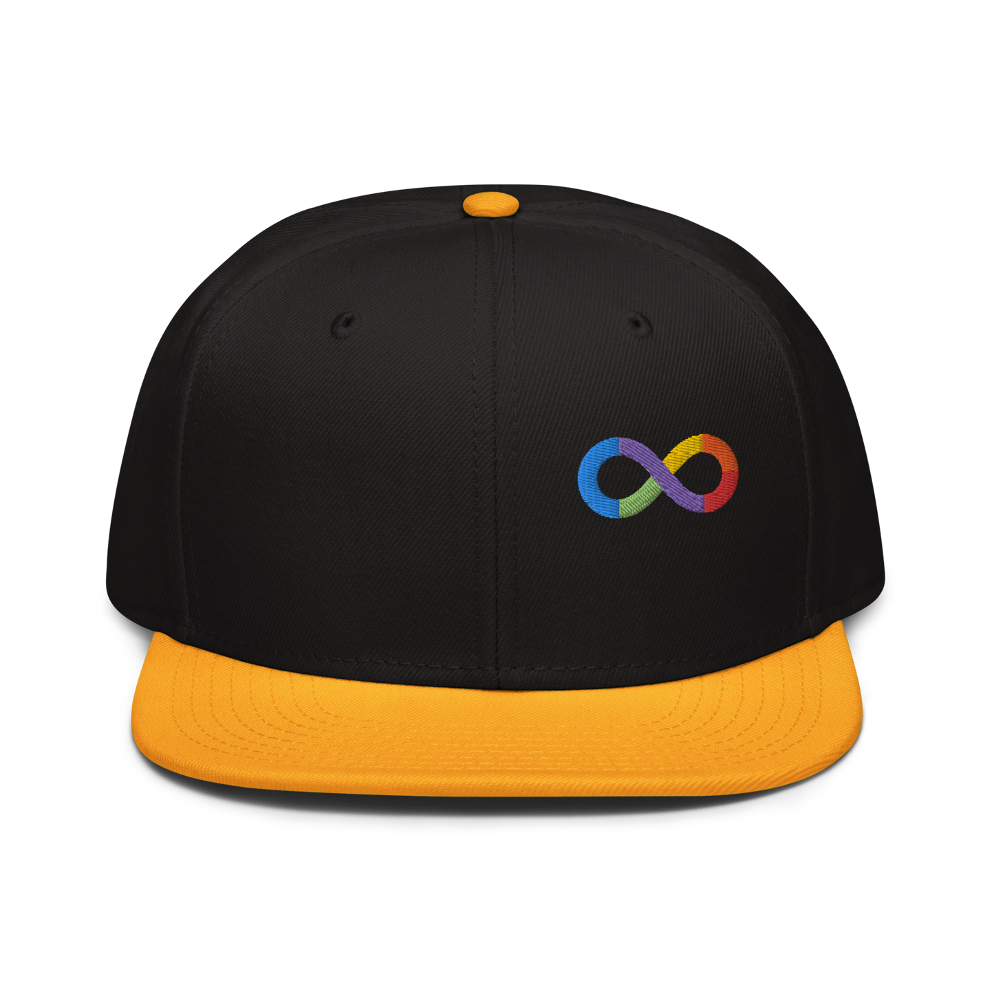 Neurodiversity Rainbow Infinity Snapback in Black with Gold Brim