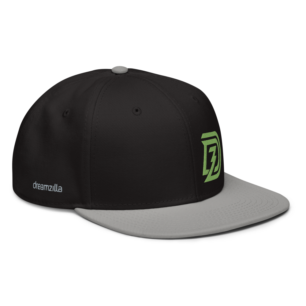 Angled View of DZ Snapback in Black with Gray Brim
