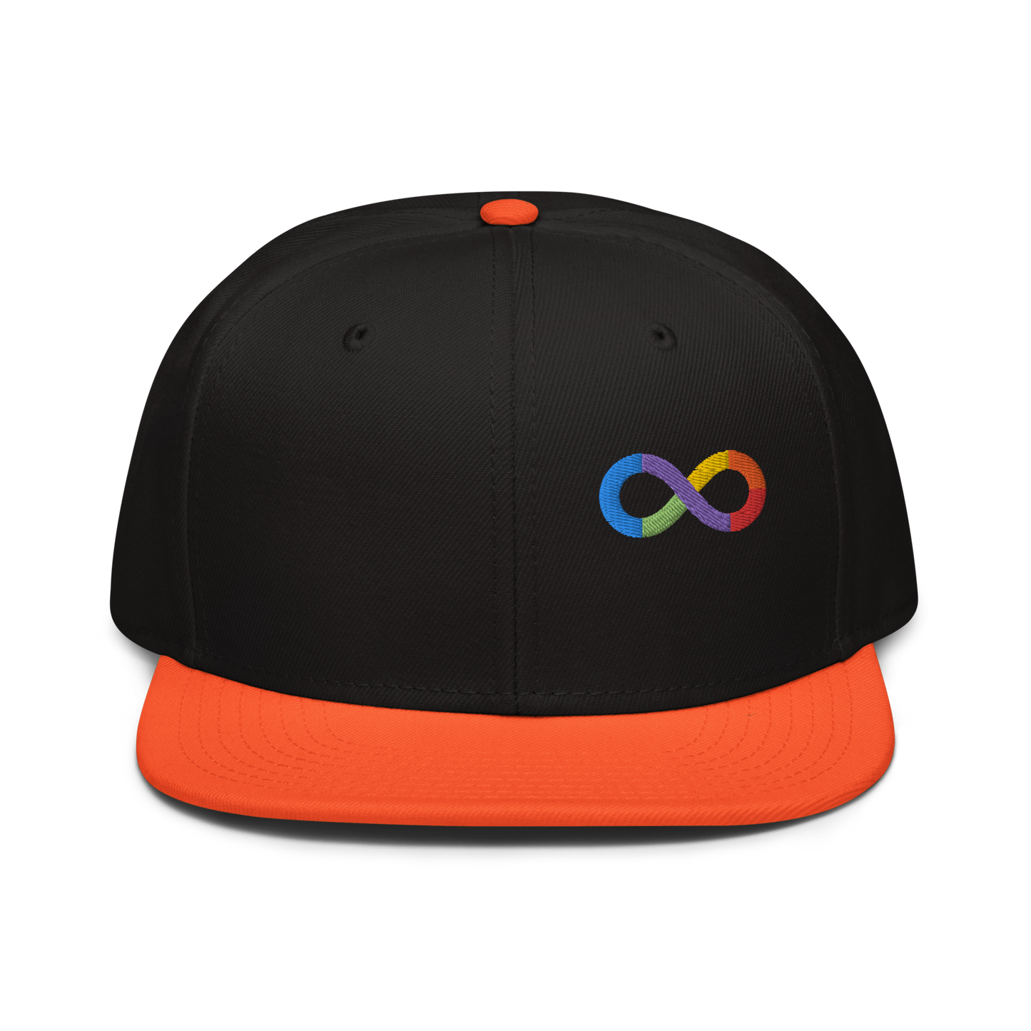 Neurodiversity Rainbow Infinity Snapback in Black with Orange Brim