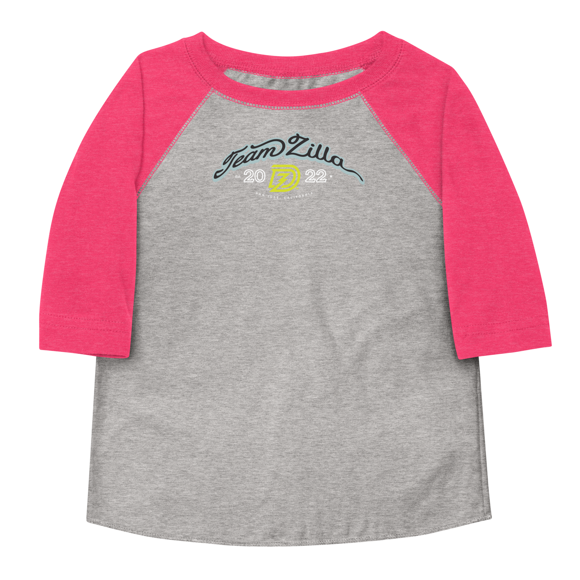 Team Zilla 2022 Toddler Shirt in Vintage Heather with Vintage Hot Pink Sleeves