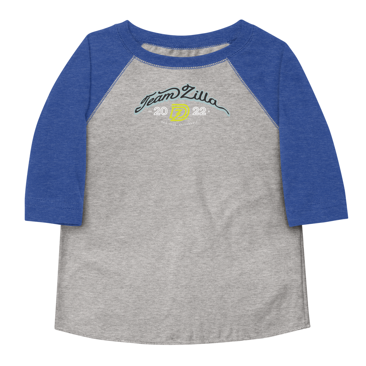 Team Zilla 2022 Toddler Shirt in Vintage Heather with Vintage Royal Sleeves